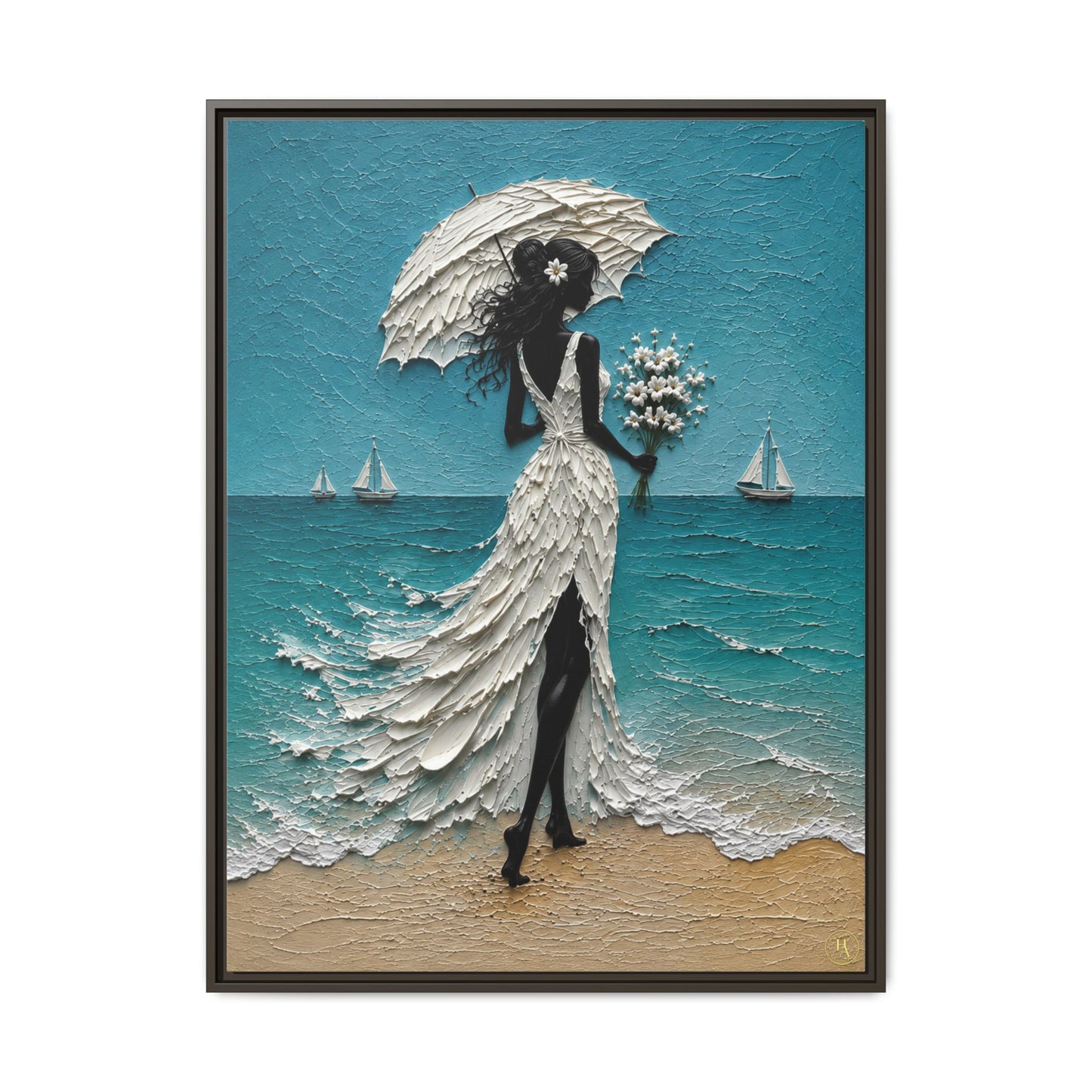 Romantic Beach Lady Framed Canvas Print — Matte Seaside Wall Art