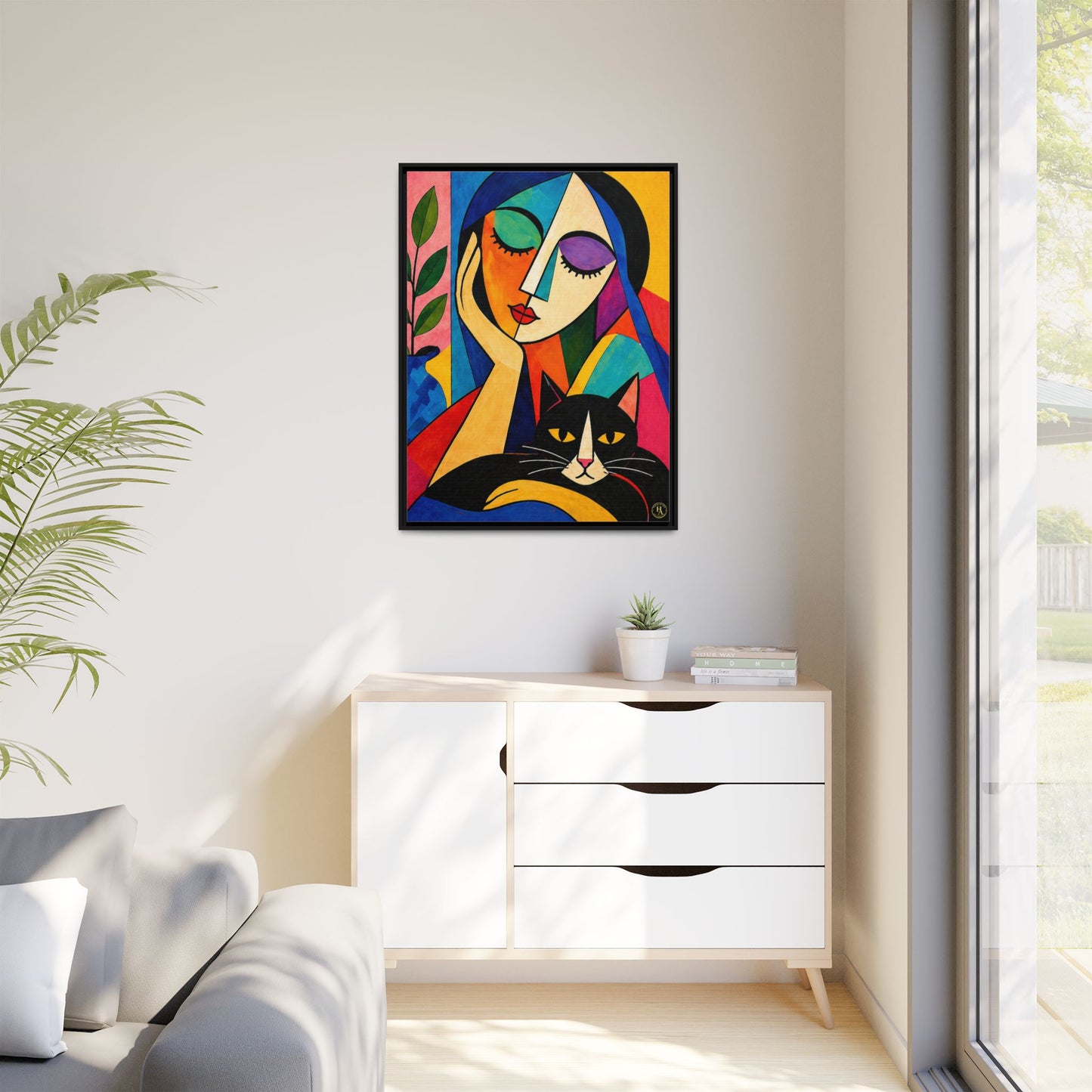 Abstract Cat & Woman Canvas Wall Art by House of Aces, Colourful Cubist Portrait Print, Modern Framed Matte Canvas, Contemporary Home Decor