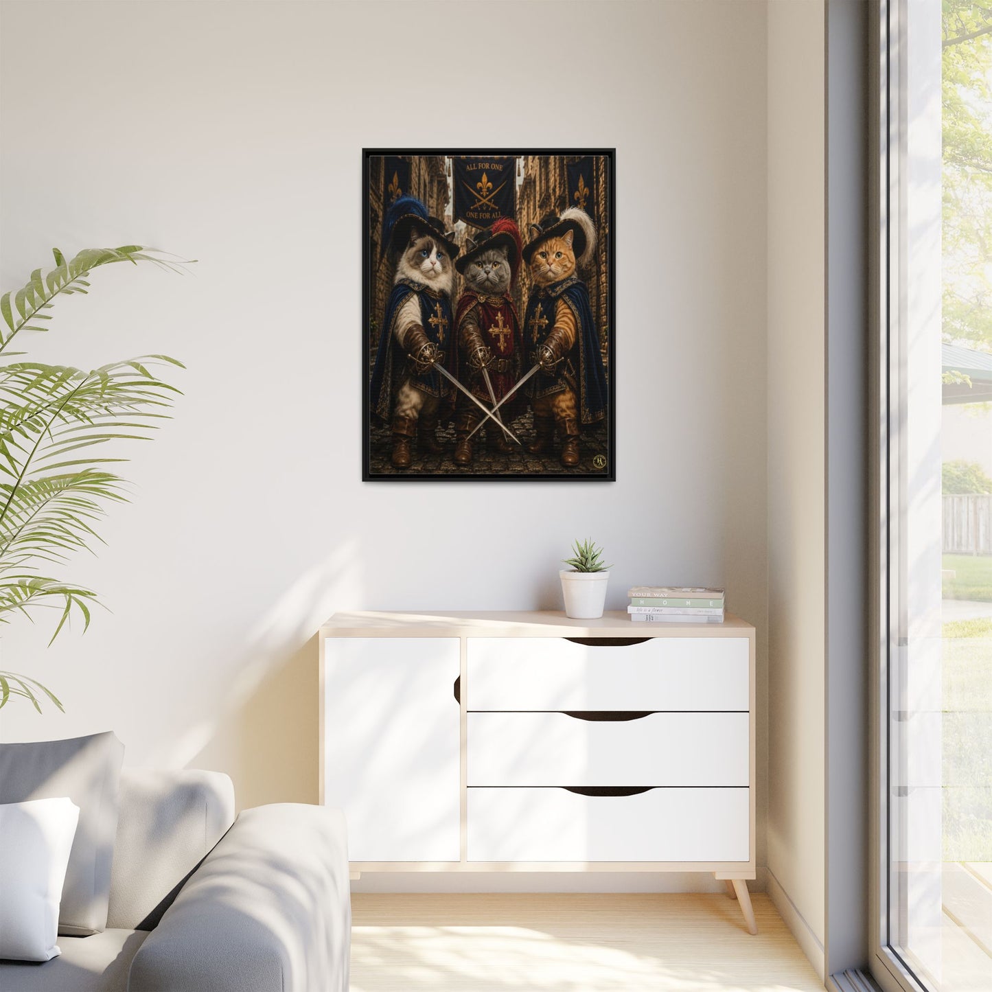 3 Musketeer Cats (The Three Musker Paws) – All for One, One for All Framed Canvas by House of Ace
