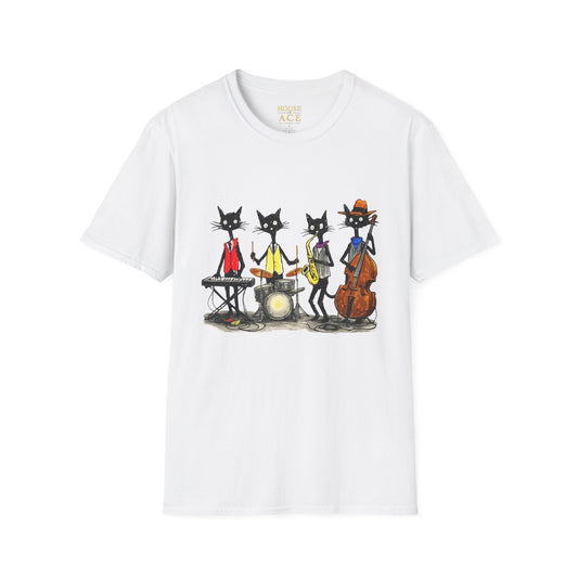Jazz Cats Quartet Tee by House of Ace – Hand-Drawn Musician Cat Graphic Shirt