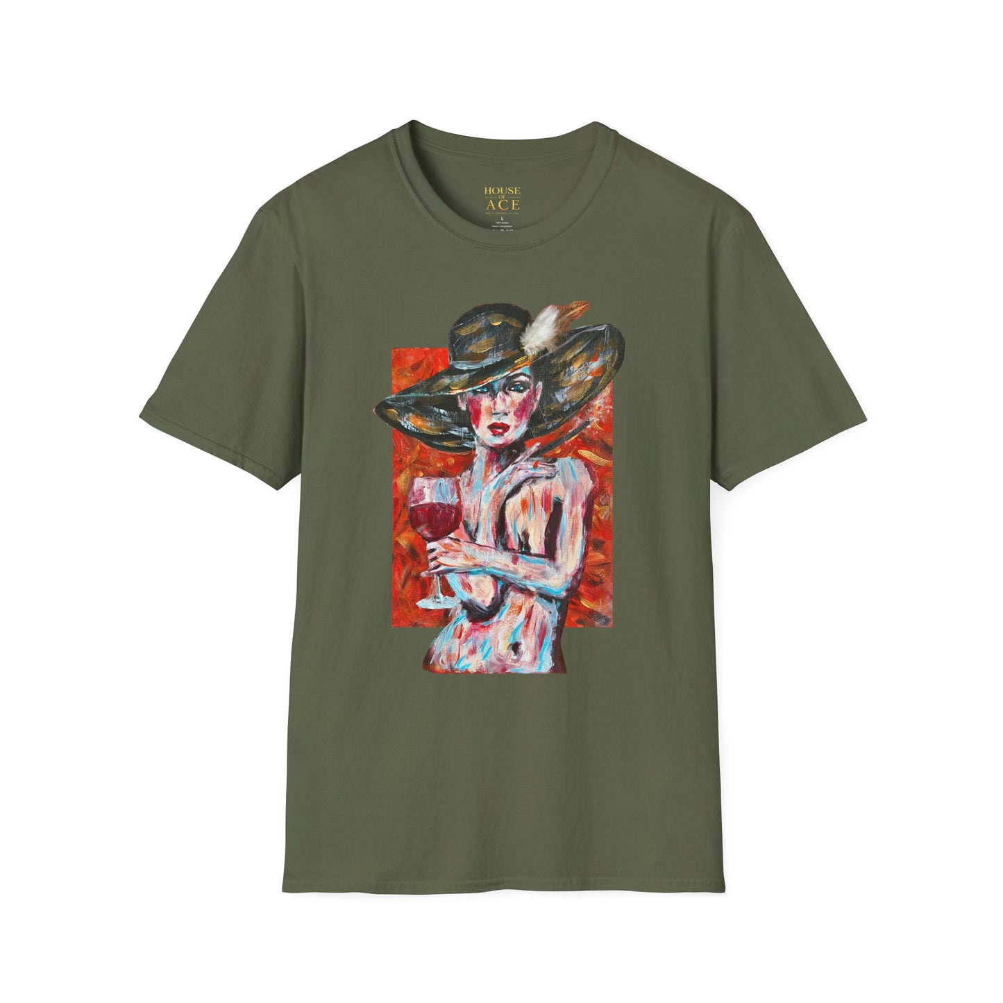 Artistic Woman in Wide-Brim Hat T-Shirt Crimson Elegance – Original Acrylic Art Graphic Tee
