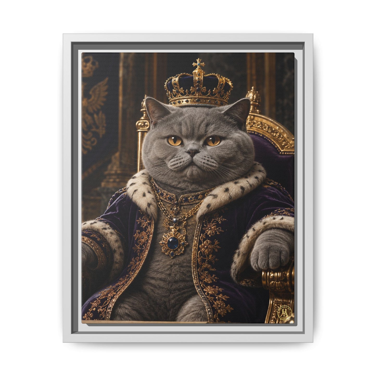 Regal British Shorthair Cat Portrait Framed Canvas — His Royal Whiskers Cat Wall Art  by House of Ace