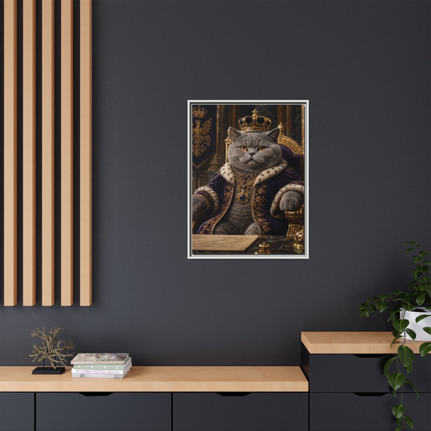 Regal British Shorthair Cat Portrait Framed Canvas — His Royal Whiskers Cat Wall Art  by House of Ace