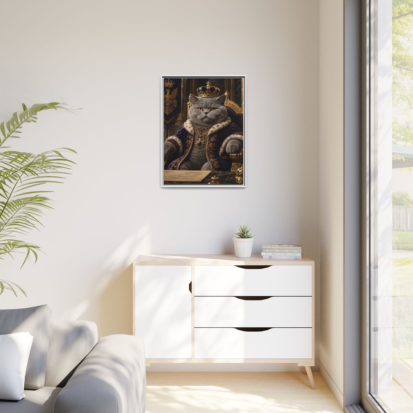 Regal British Shorthair Cat Portrait Framed Canvas — His Royal Whiskers Cat Wall Art  by House of Ace