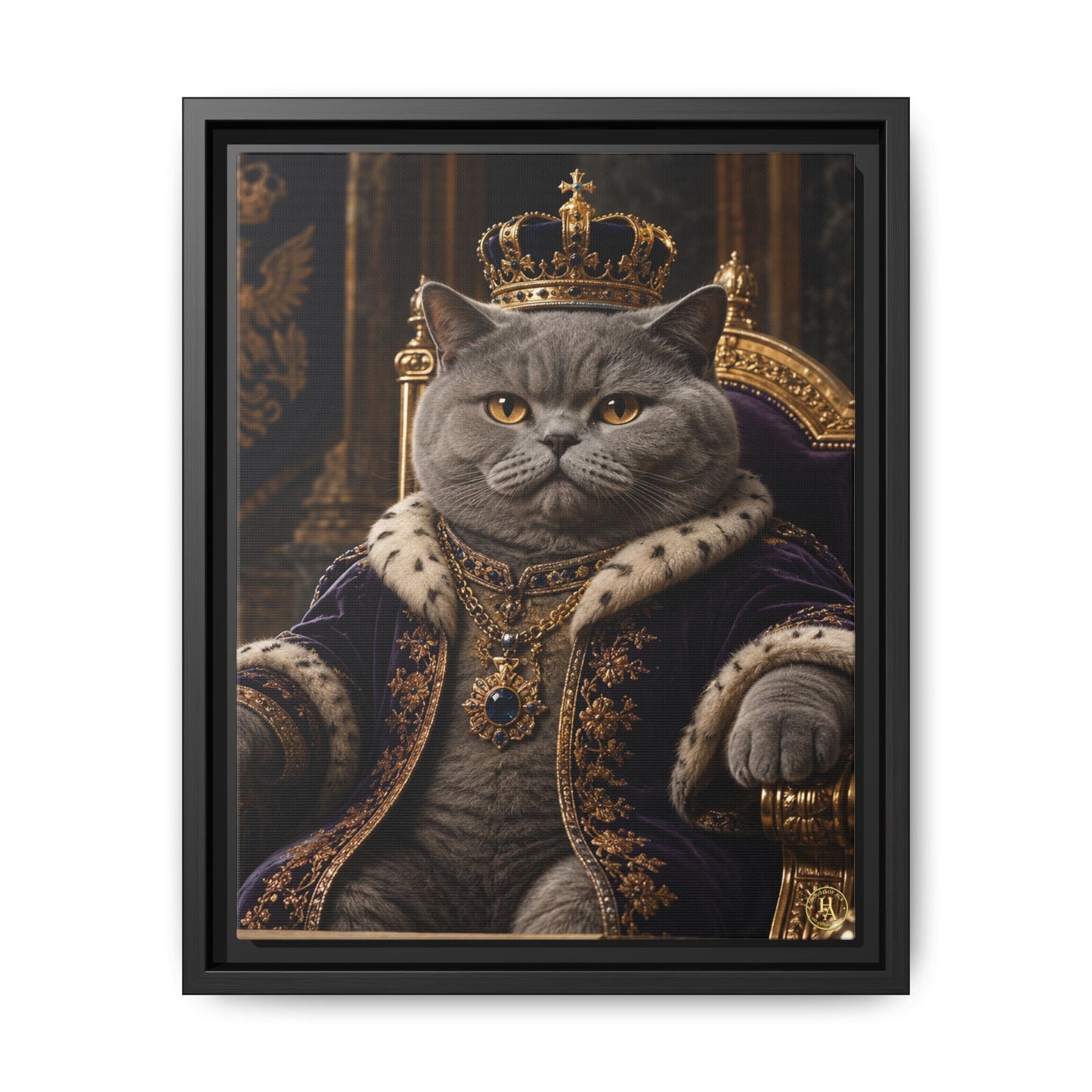 Regal British Shorthair Cat Portrait Framed Canvas — His Royal Whiskers Cat Wall Art  by House of Ace