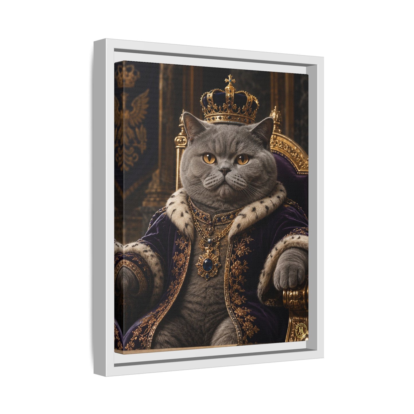 Regal British Shorthair Cat Portrait Framed Canvas — His Royal Whiskers Cat Wall Art  by House of Ace