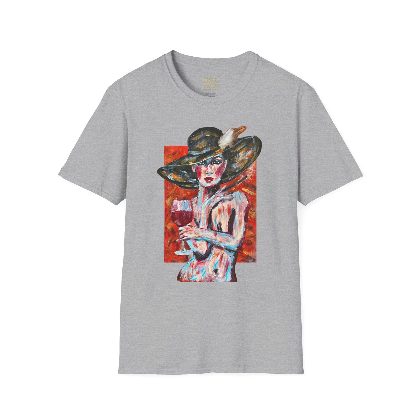 Artistic Woman in Wide-Brim Hat T-Shirt Crimson Elegance – Original Acrylic Art Graphic Tee