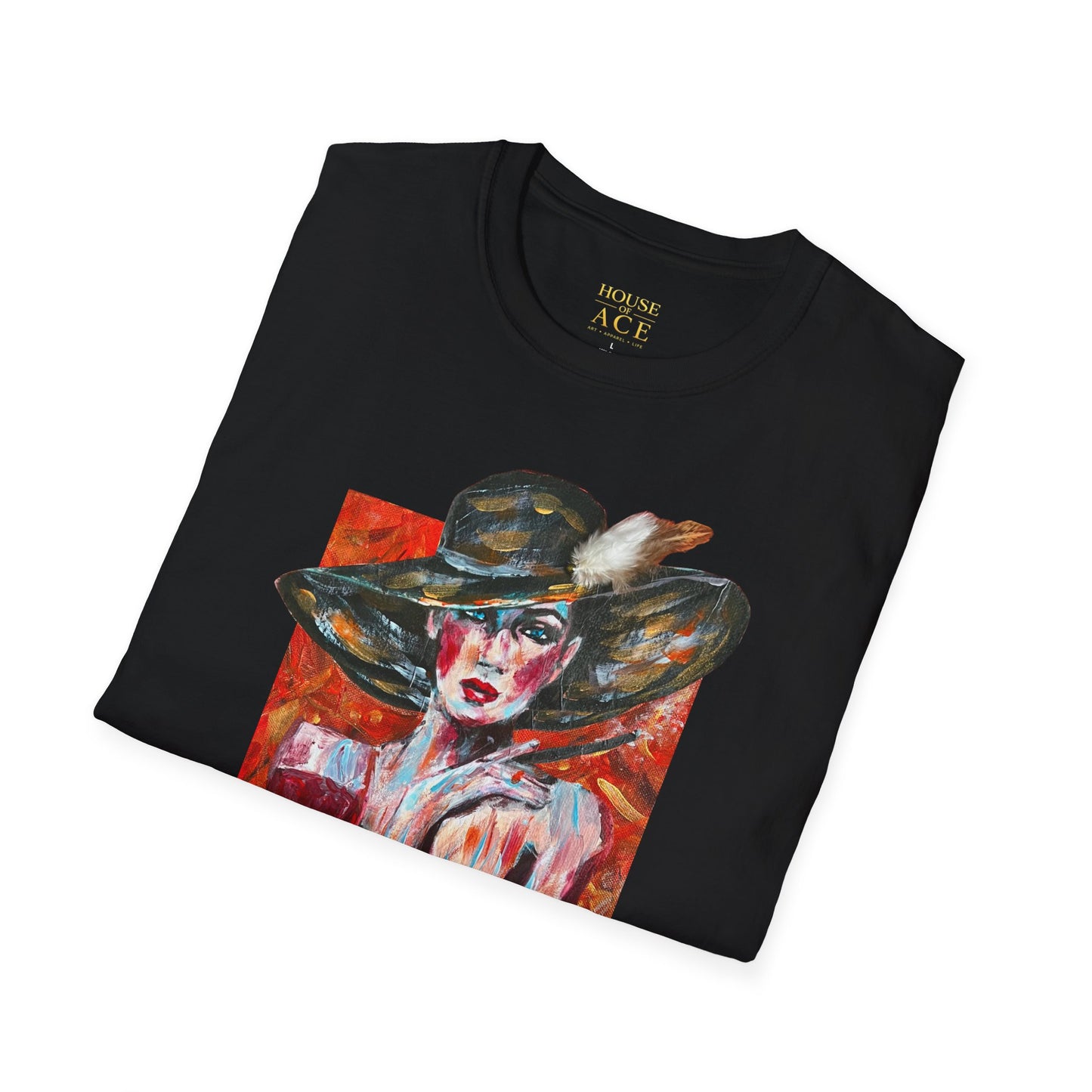 Artistic Woman in Wide-Brim Hat T-Shirt Crimson Elegance – Original Acrylic Art Graphic Tee