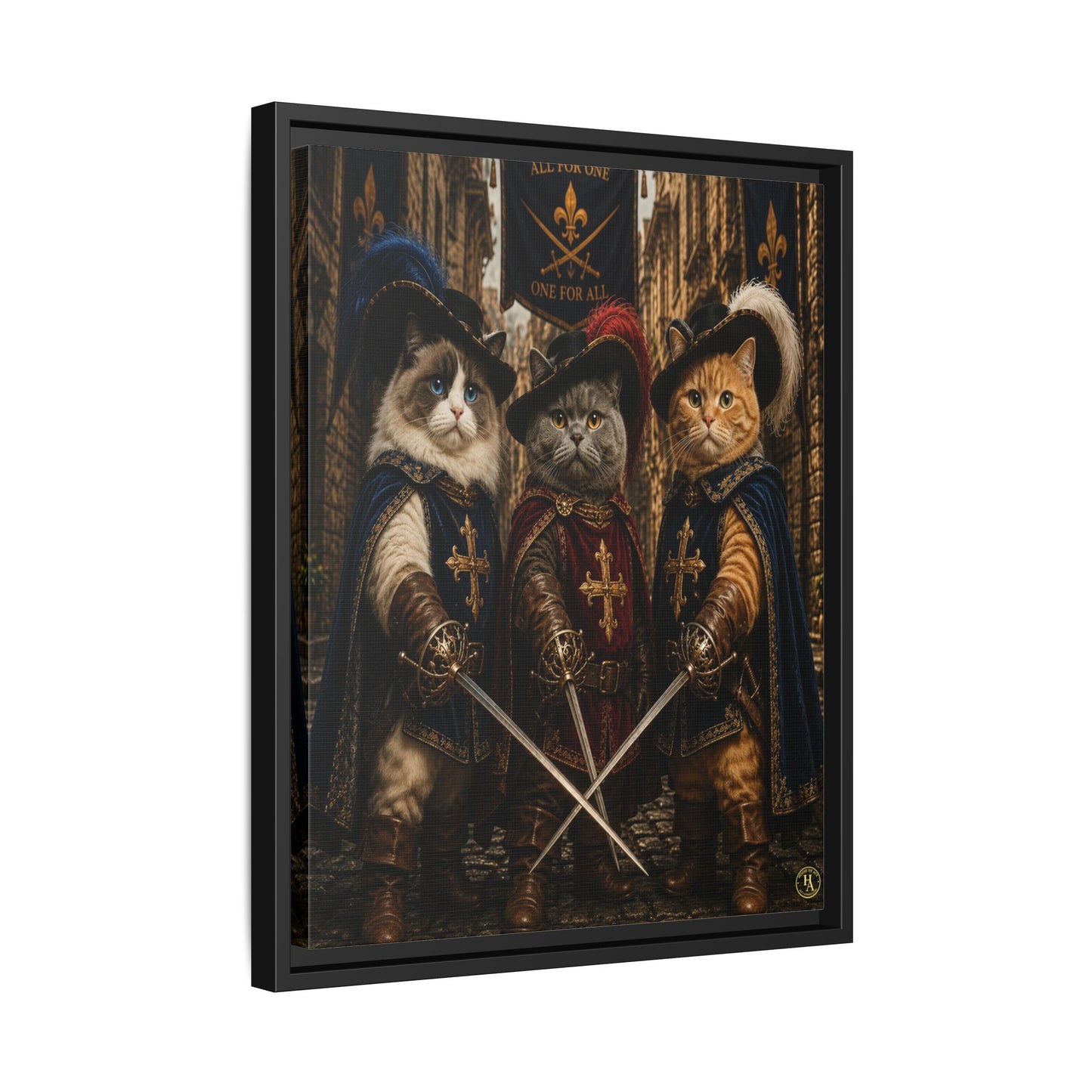 3 Musketeer Cats (The Three Musker Paws) – All for One, One for All Framed Canvas by House of Ace