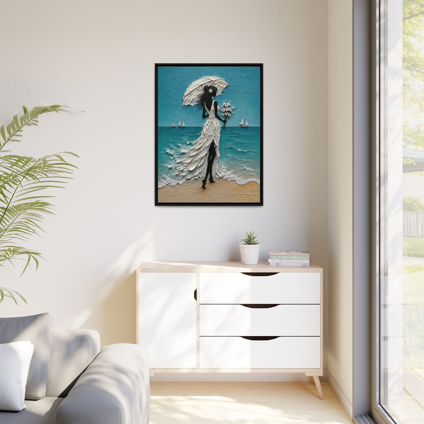 Romantic Beach Lady Framed Canvas Print — Matte Seaside Wall Art