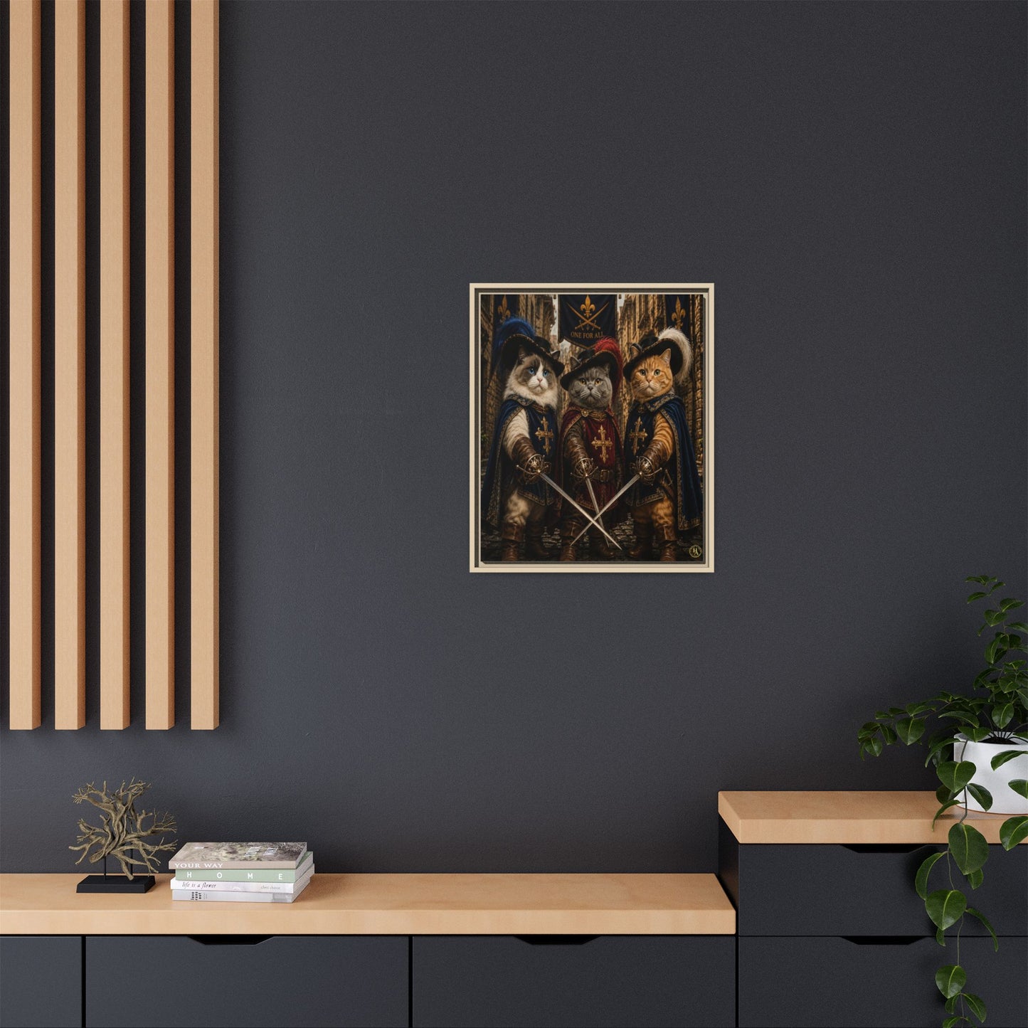 3 Musketeer Cats (The Three Musker Paws) – All for One, One for All Framed Canvas by House of Ace