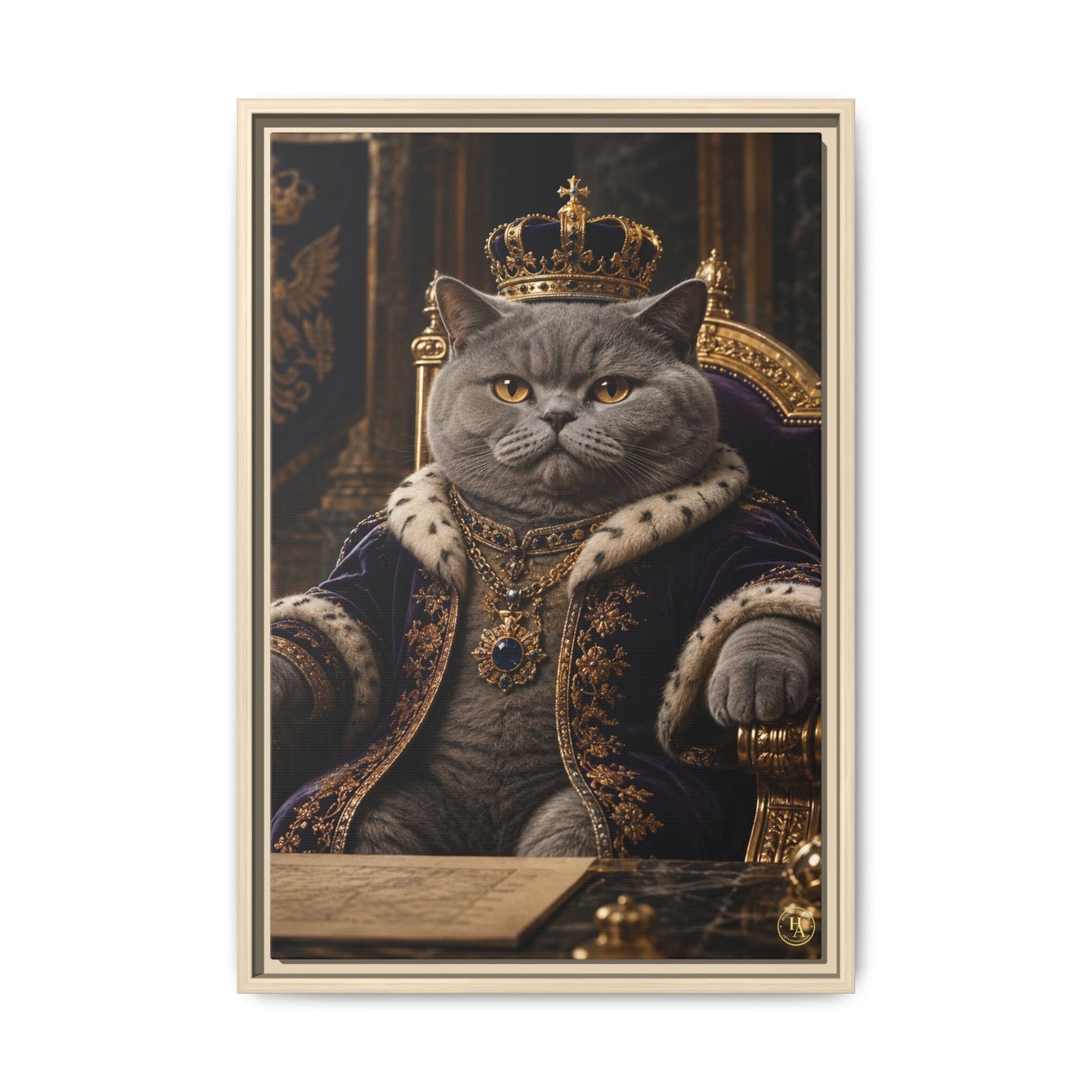 Regal British Shorthair Cat Portrait Framed Canvas — His Royal Whiskers Cat Wall Art  by House of Ace