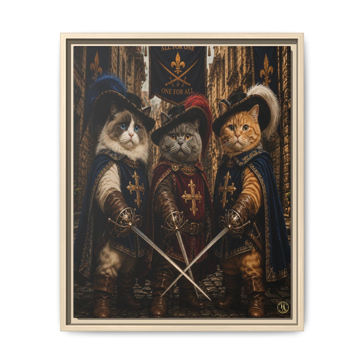 3 Musketeer Cats (The Three Musker Paws) – All for One, One for All Framed Canvas by House of Ace