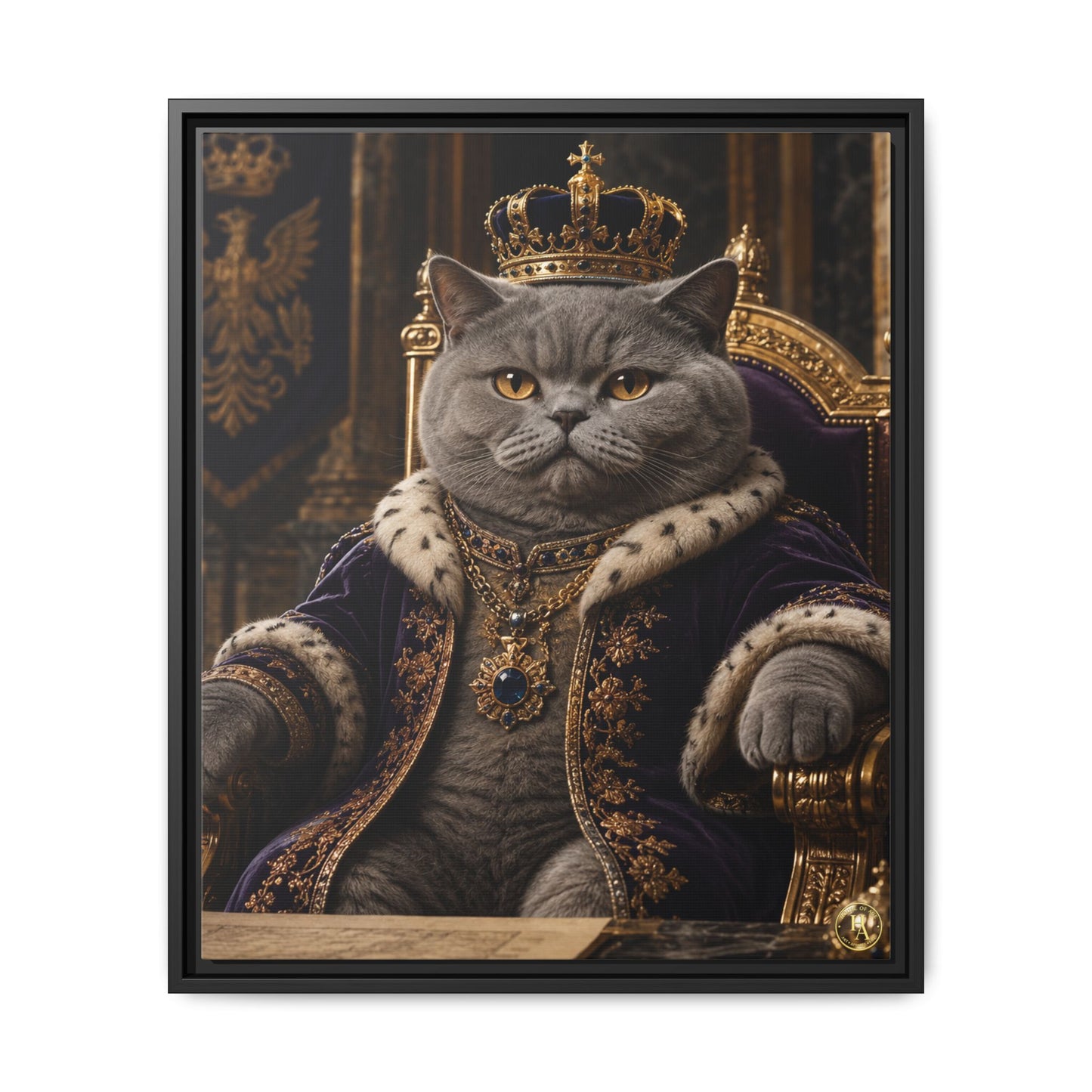Regal British Shorthair Cat Portrait Framed Canvas — His Royal Whiskers Cat Wall Art  by House of Ace