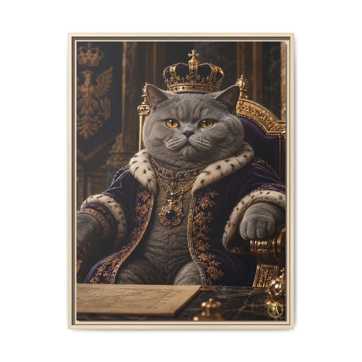 Regal British Shorthair Cat Portrait Framed Canvas — His Royal Whiskers Cat Wall Art  by House of Ace
