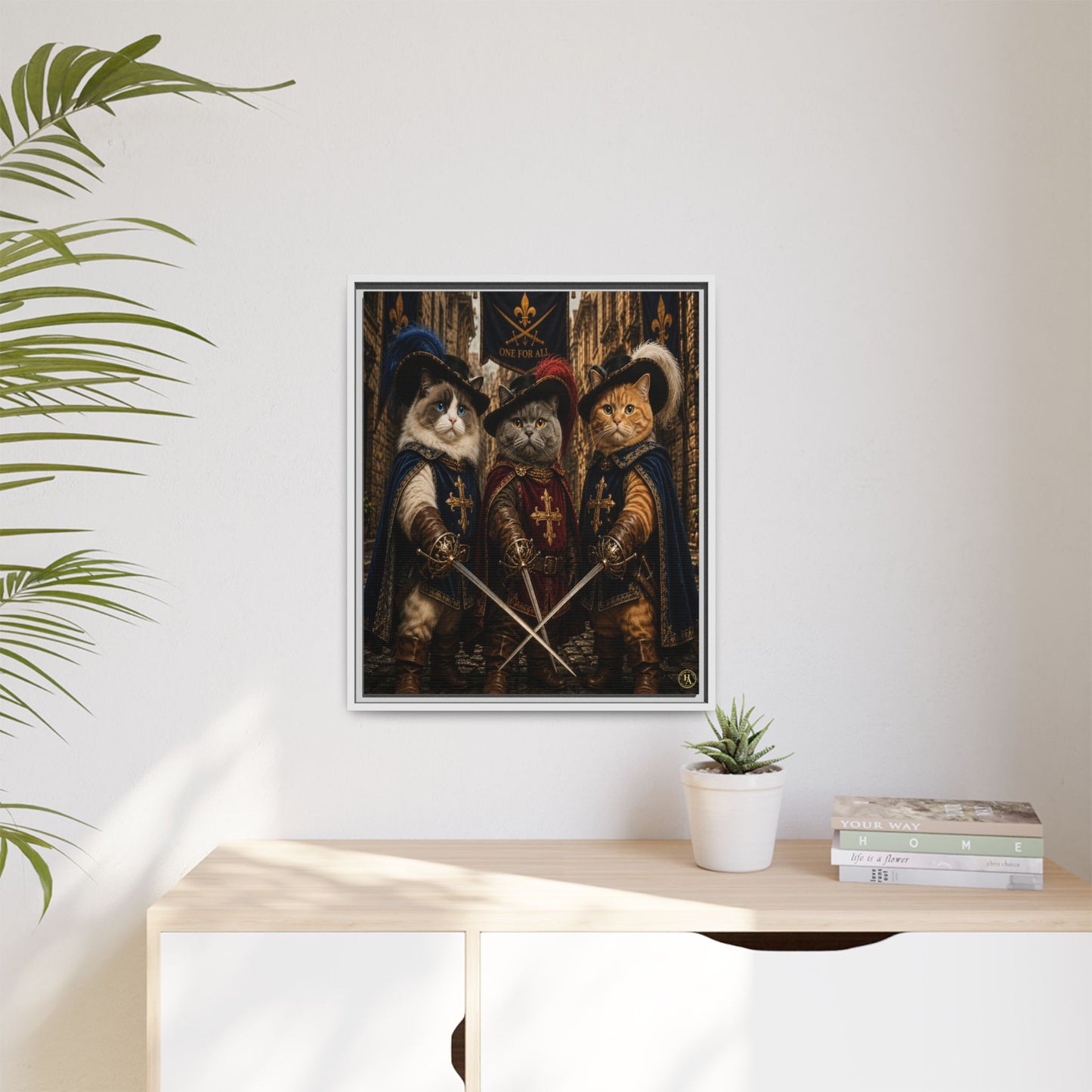 3 Musketeer Cats (The Three Musker Paws) – All for One, One for All Framed Canvas by House of Ace
