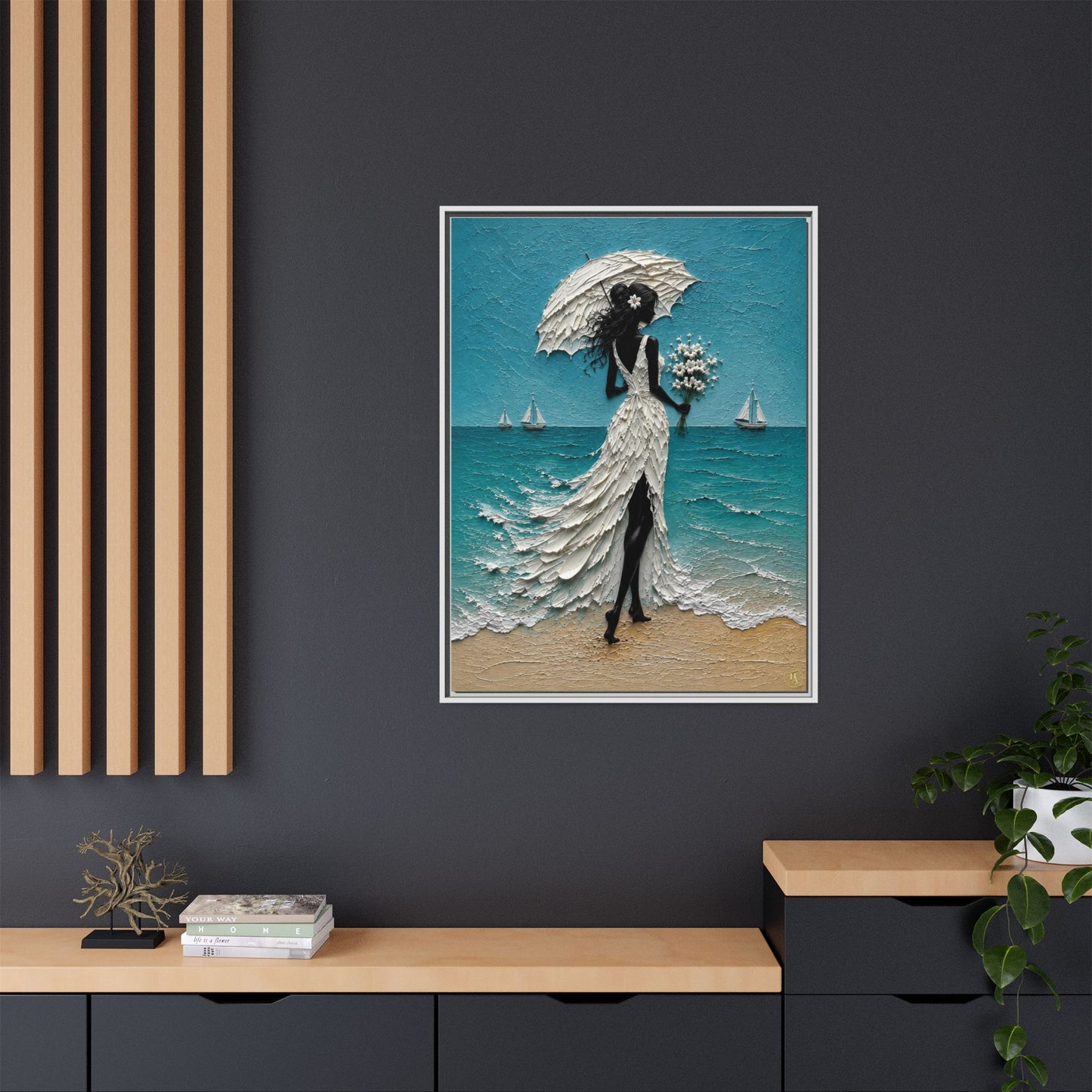 Romantic Beach Lady Framed Canvas Print — Matte Seaside Wall Art