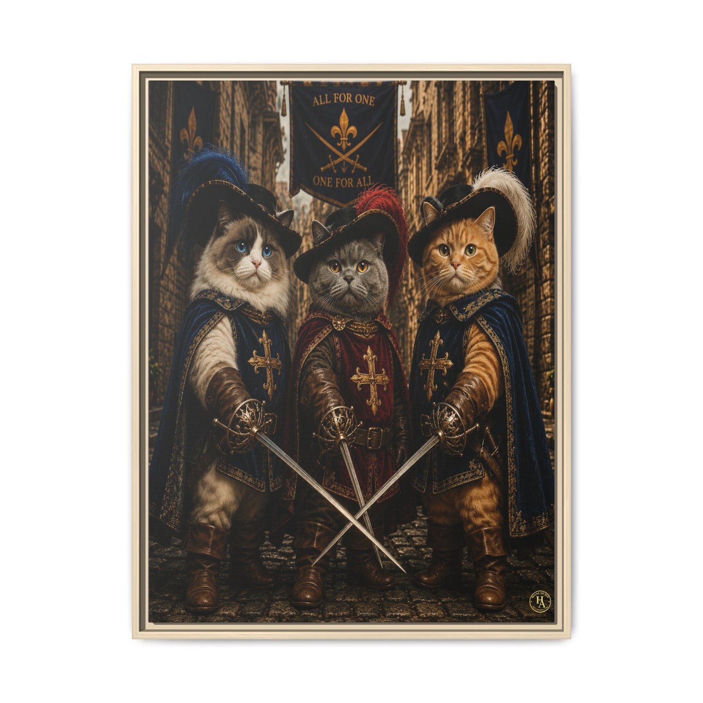 3 Musketeer Cats (The Three Musker Paws) – All for One, One for All Framed Canvas by House of Ace