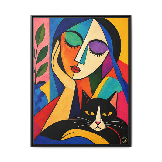 Abstract Cat & Woman Canvas Wall Art by House of Aces, Colourful Cubist Portrait Print, Modern Framed Matte Canvas, Contemporary Home Decor