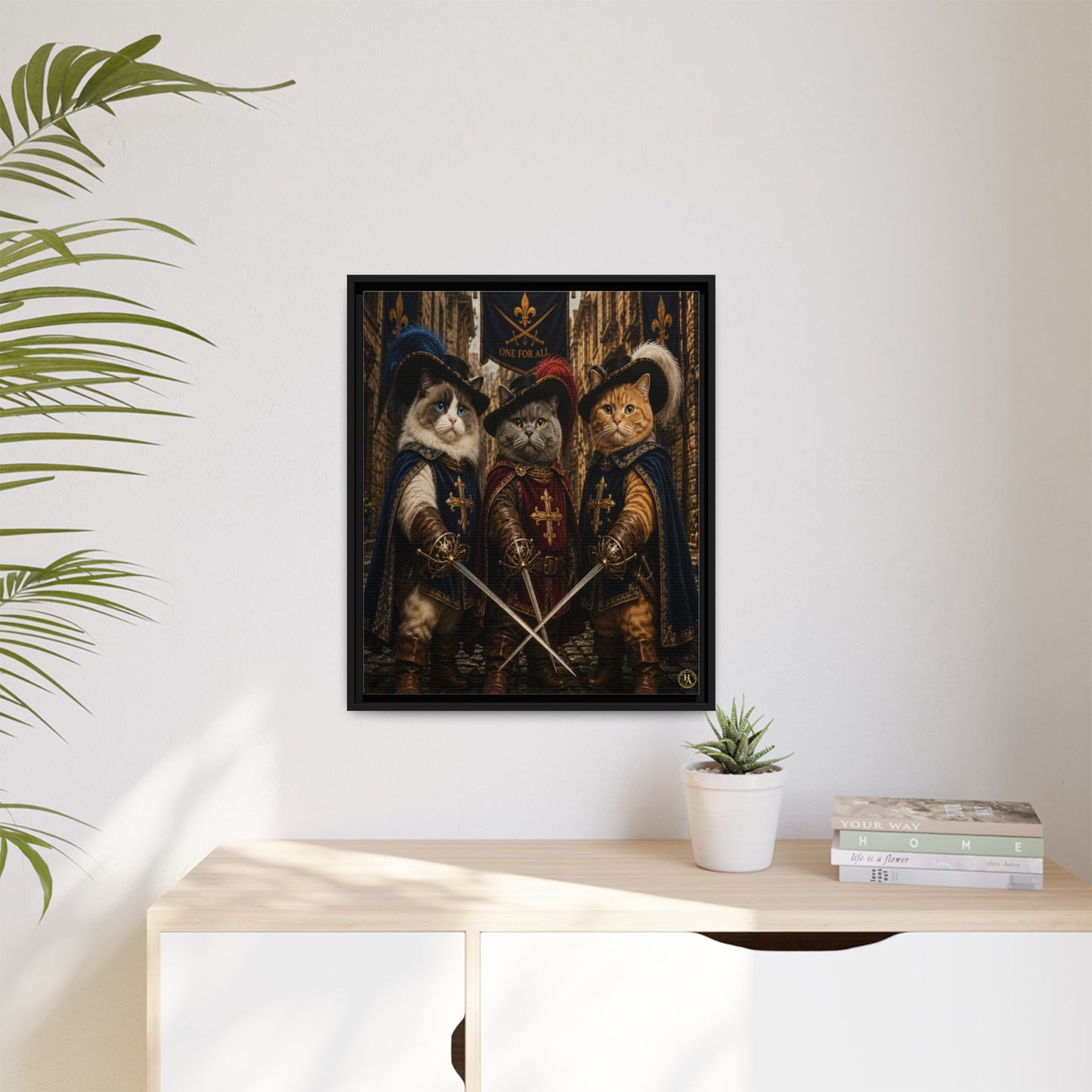 3 Musketeer Cats (The Three Musker Paws) – All for One, One for All Framed Canvas by House of Ace
