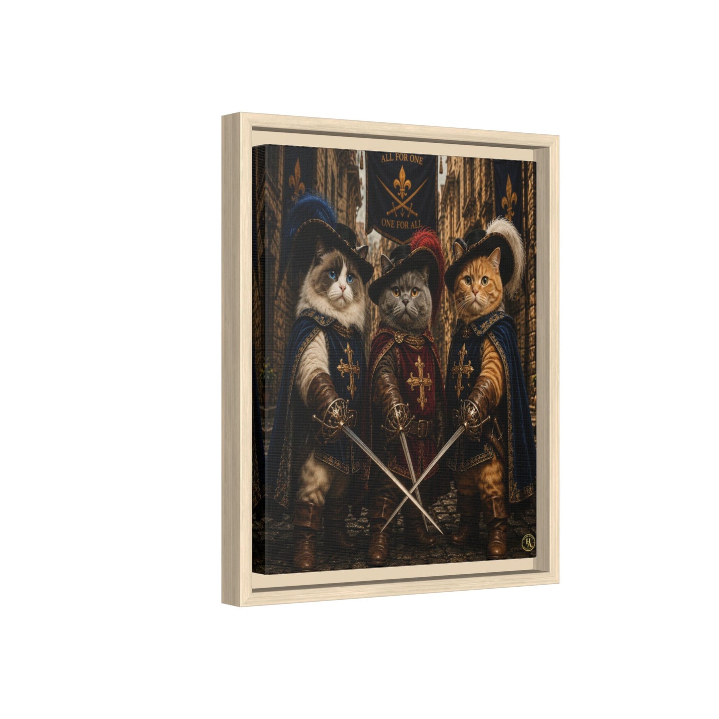3 Musketeer Cats (The Three Musker Paws) – All for One, One for All Framed Canvas by House of Ace