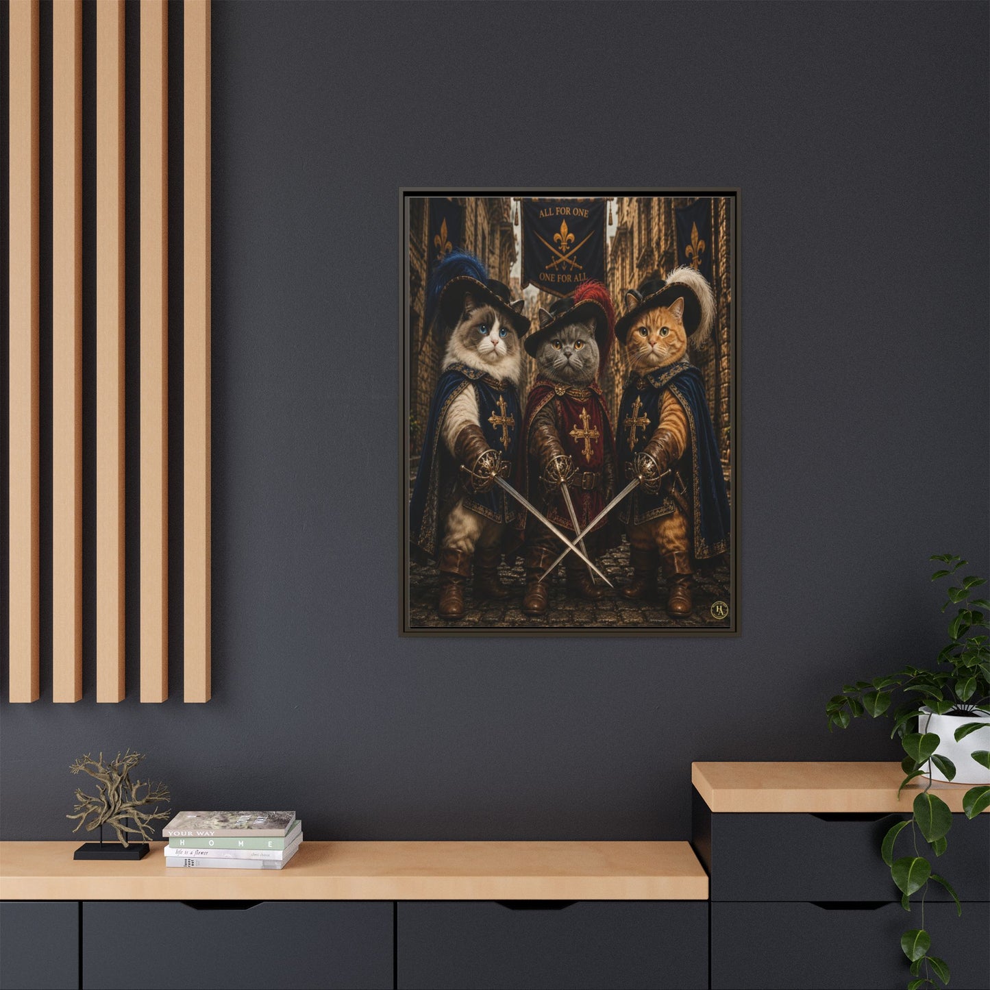 3 Musketeer Cats (The Three Musker Paws) – All for One, One for All Framed Canvas by House of Ace