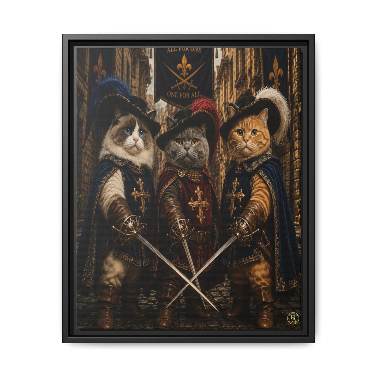 3 Musketeer Cats (The Three Musker Paws) – All for One, One for All Framed Canvas by House of Ace
