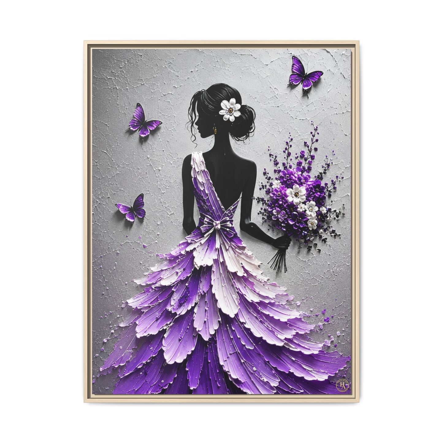 Purple Petal Elegance Framed Matte Canvas Wall Art – Feminine Silhouette Floral Dress Artwork  Description
