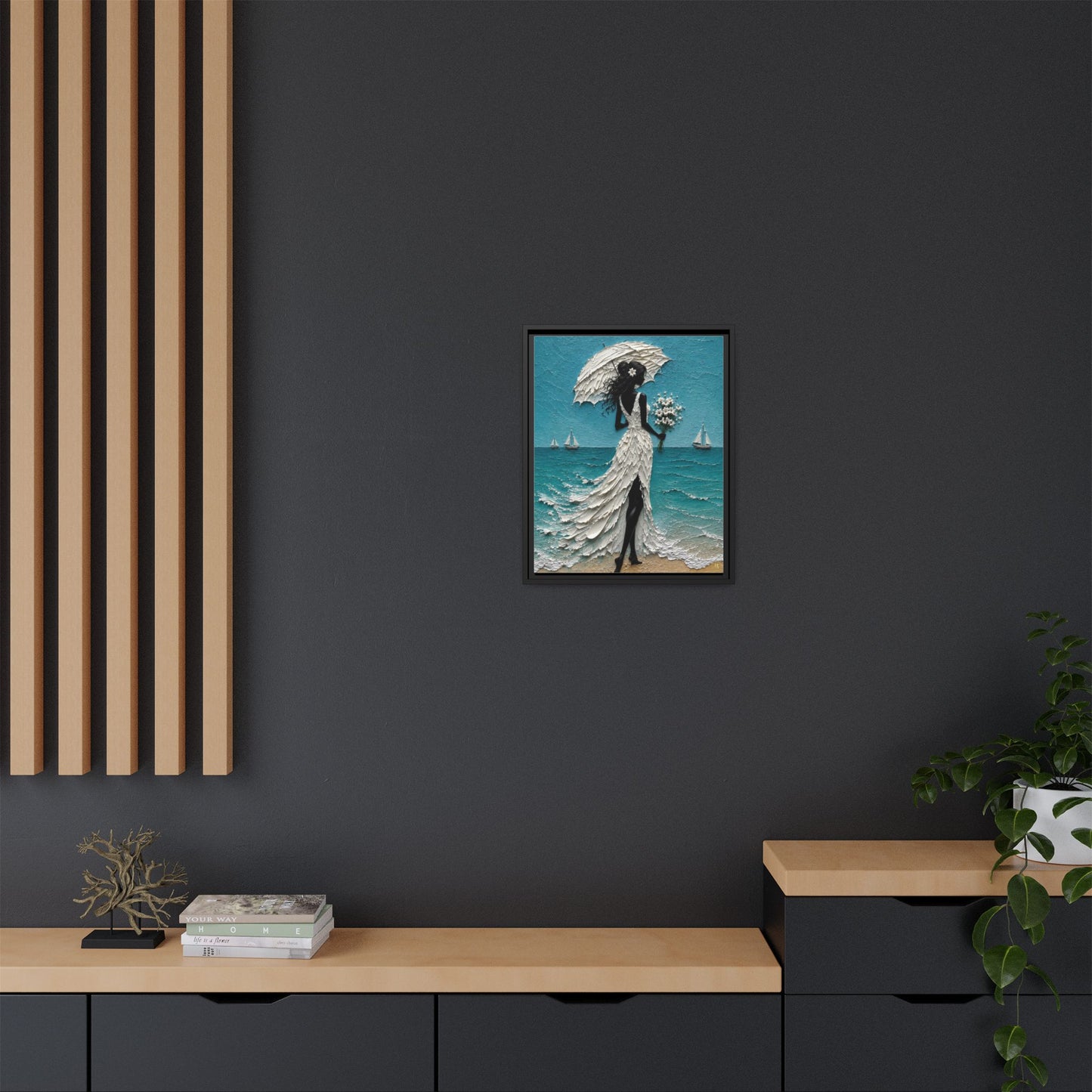 Romantic Beach Lady Framed Canvas Print — Matte Seaside Wall Art