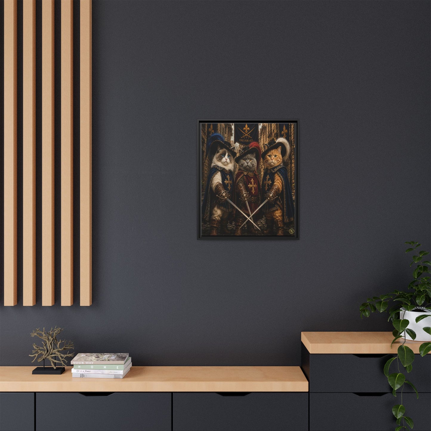 3 Musketeer Cats (The Three Musker Paws) – All for One, One for All Framed Canvas by House of Ace