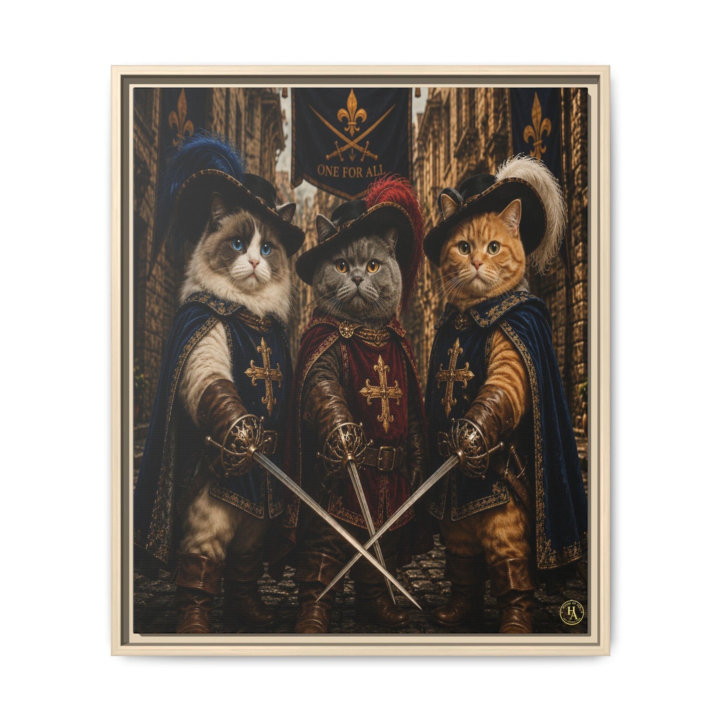 3 Musketeer Cats (The Three Musker Paws) – All for One, One for All Framed Canvas by House of Ace