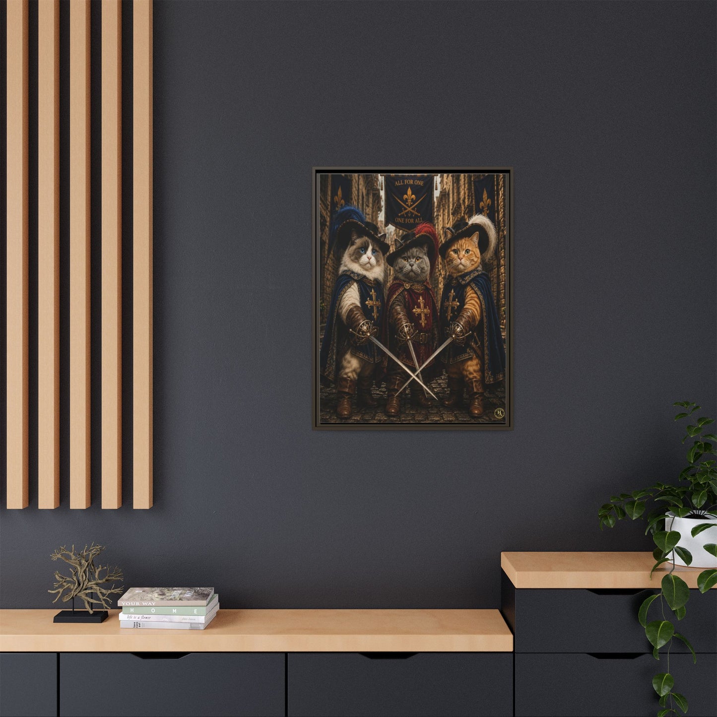 3 Musketeer Cats (The Three Musker Paws) – All for One, One for All Framed Canvas by House of Ace