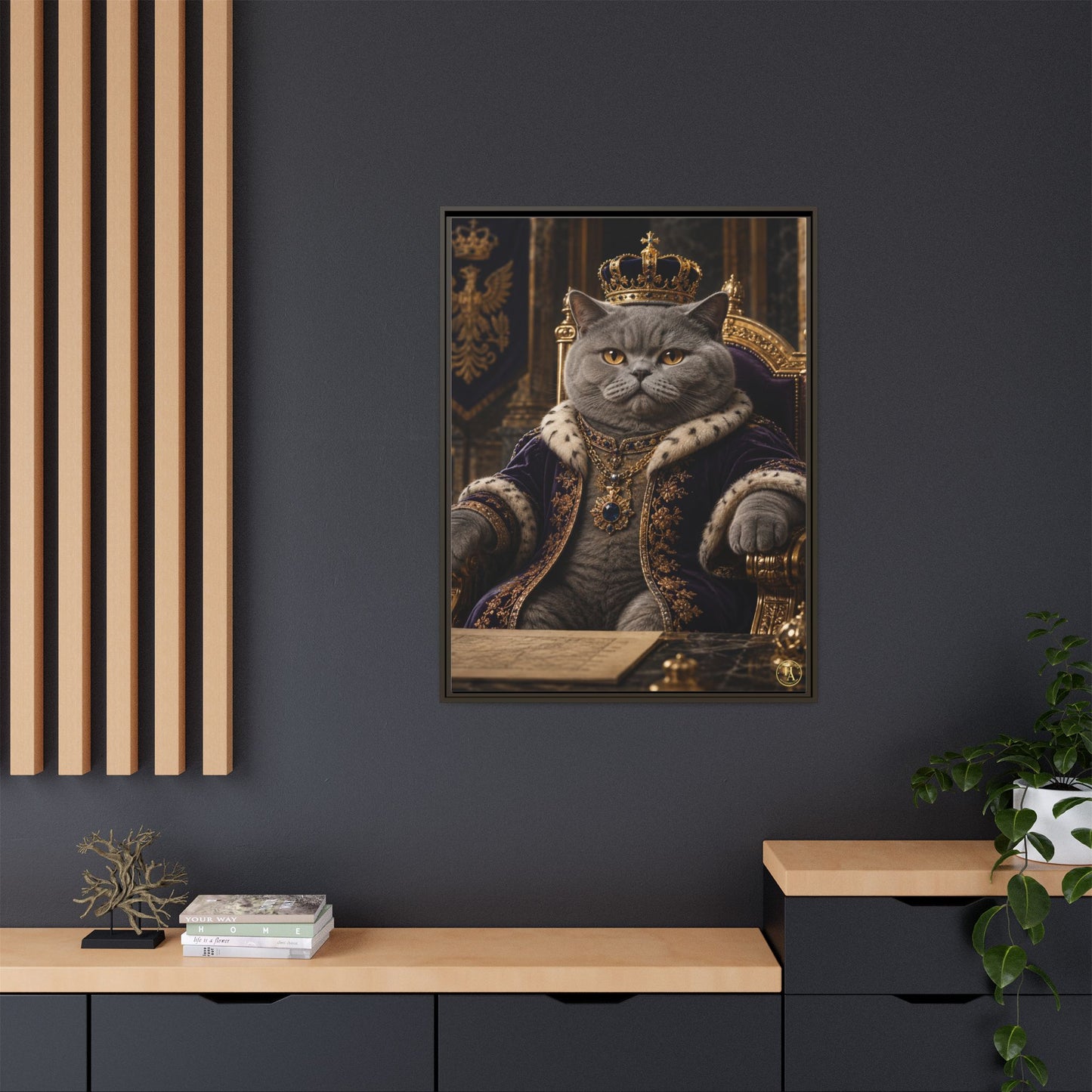 Regal British Shorthair Cat Portrait Framed Canvas — His Royal Whiskers Cat Wall Art  by House of Ace