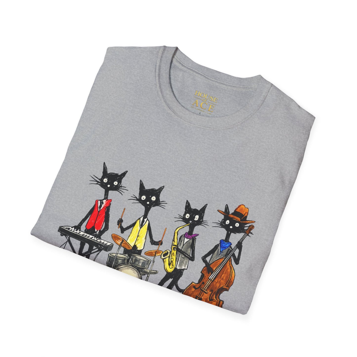 Jazz Cats Quartet Tee by House of Ace – Hand-Drawn Musician Cat Graphic Shirt