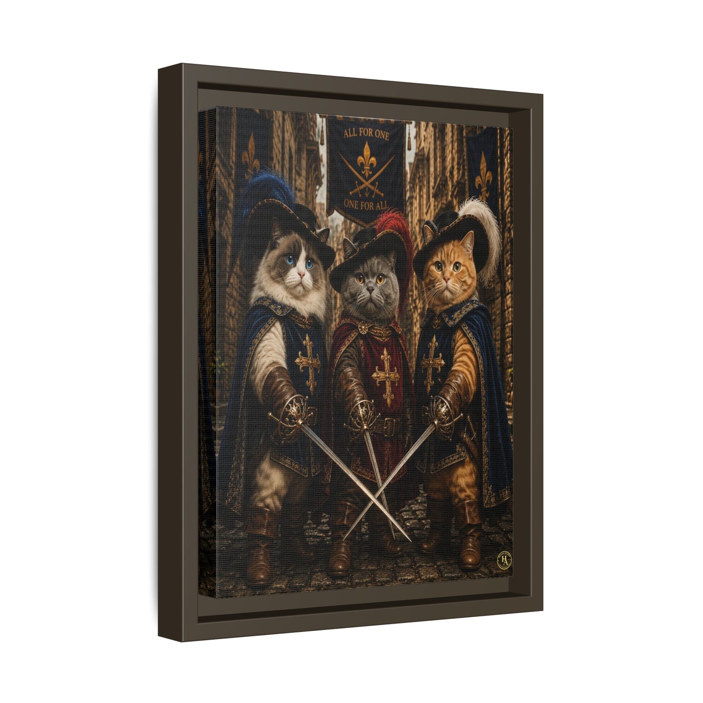 3 Musketeer Cats (The Three Musker Paws) – All for One, One for All Framed Canvas by House of Ace