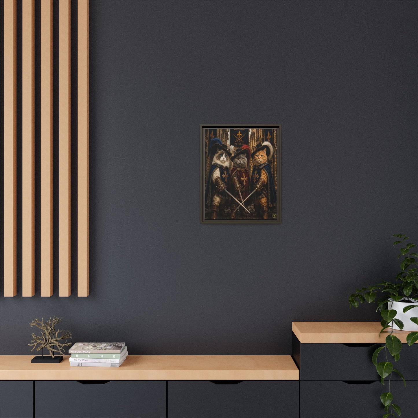 3 Musketeer Cats (The Three Musker Paws) – All for One, One for All Framed Canvas by House of Ace
