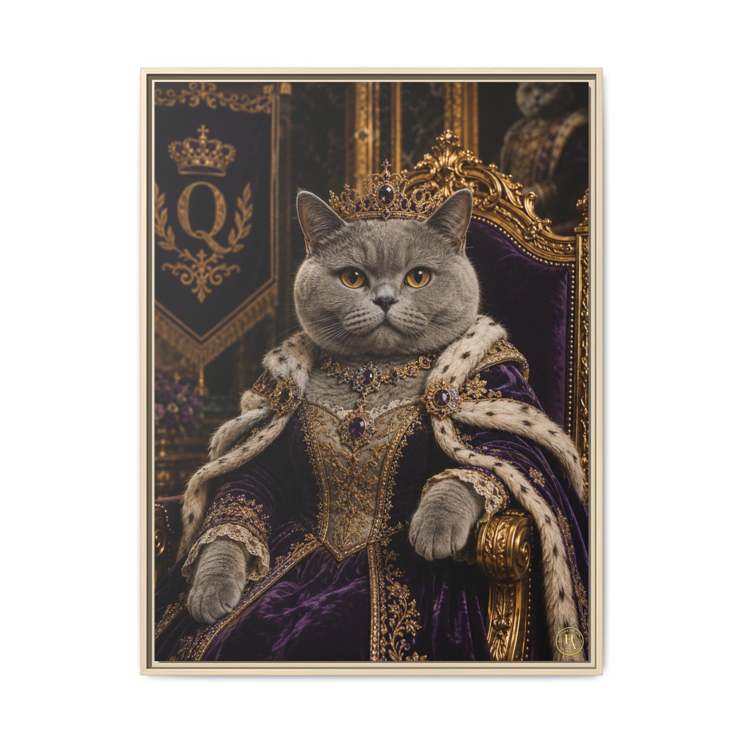 Crimson Queen Whiskers – Regal British Shorthair Framed Canvas by House of Ace Regal Cat Portrait Canvas