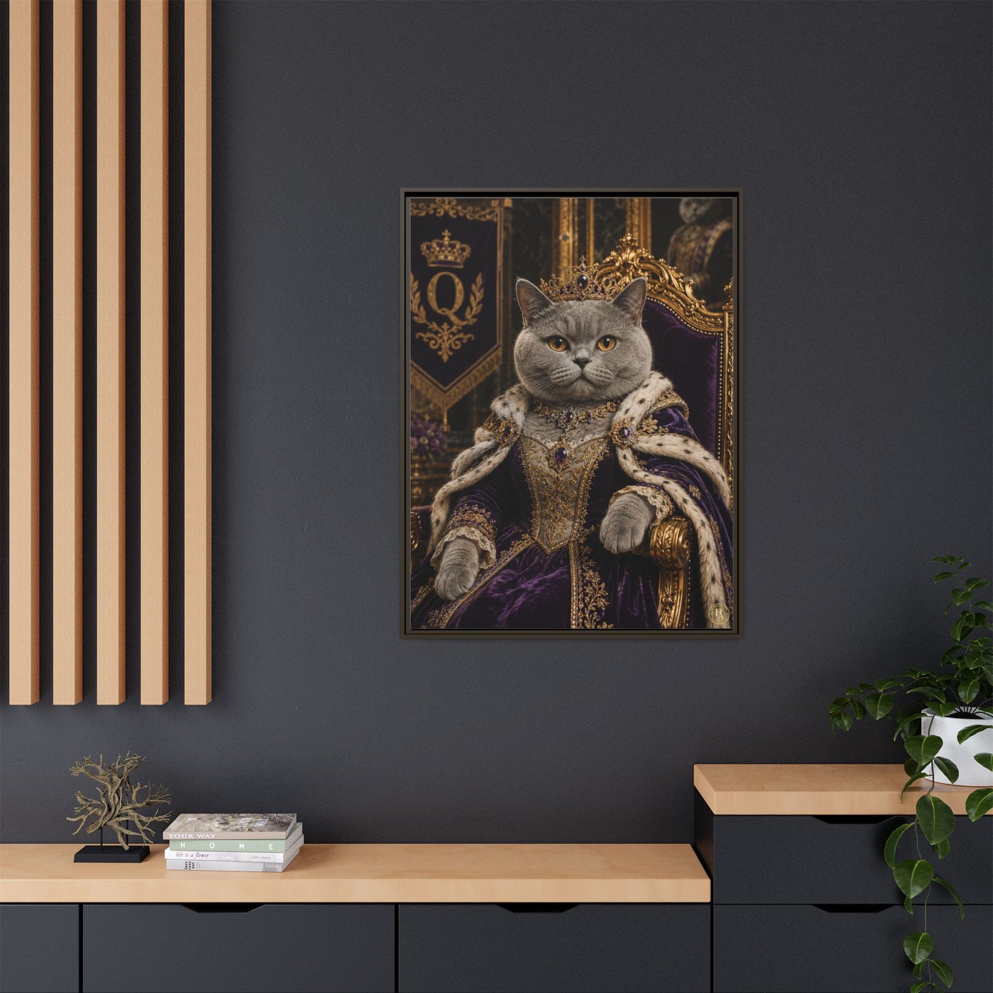 Crimson Queen Whiskers – Regal British Shorthair Framed Canvas by House of Ace Regal Cat Portrait Canvas