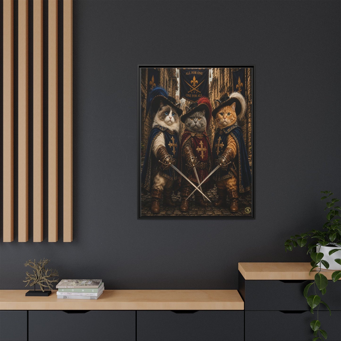 3 Musketeer Cats (The Three Musker Paws) – All for One, One for All Framed Canvas by House of Ace