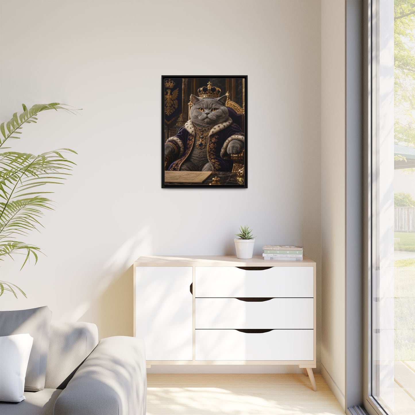 Regal British Shorthair Cat Portrait Framed Canvas — His Royal Whiskers Cat Wall Art  by House of Ace