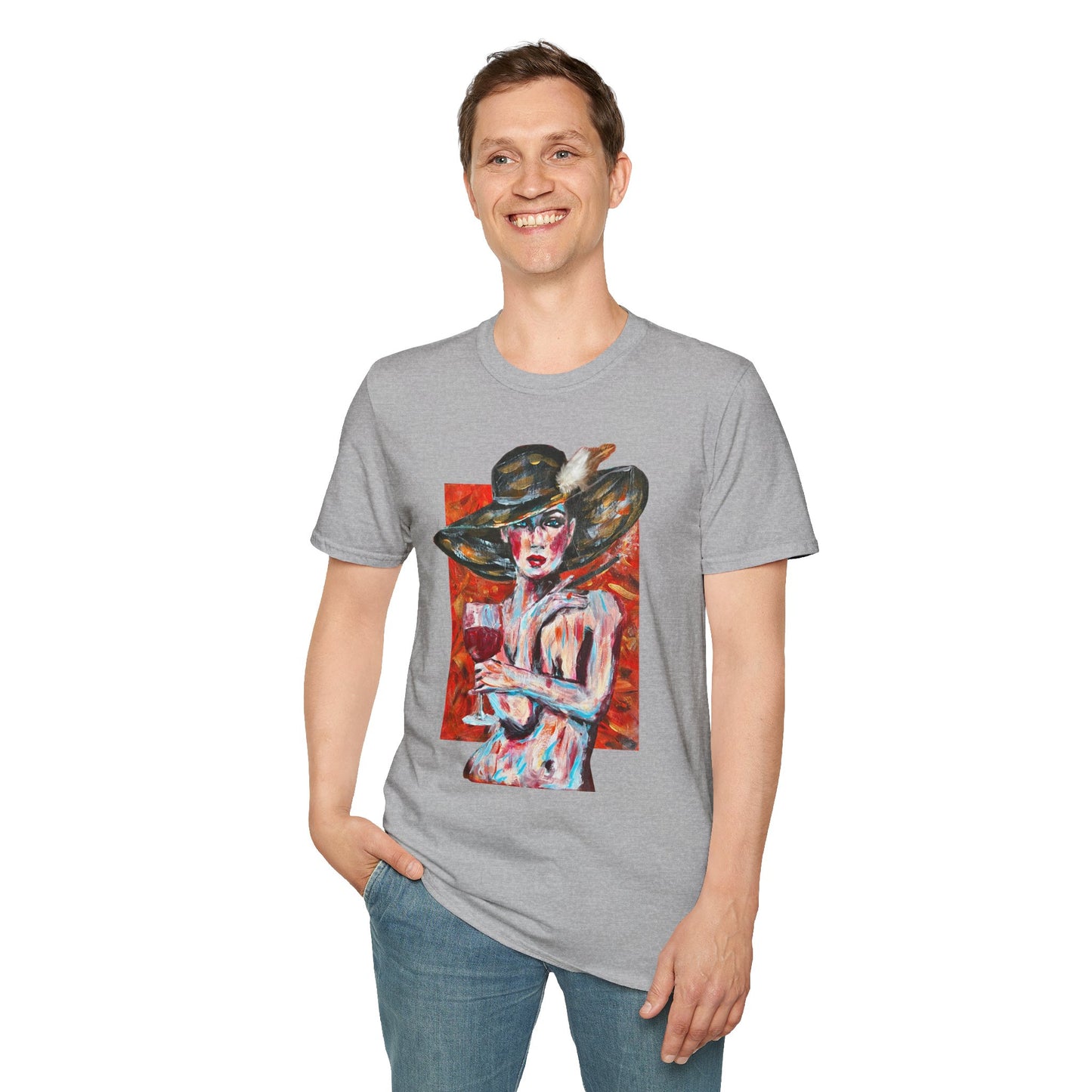 Artistic Woman in Wide-Brim Hat T-Shirt Crimson Elegance – Original Acrylic Art Graphic Tee
