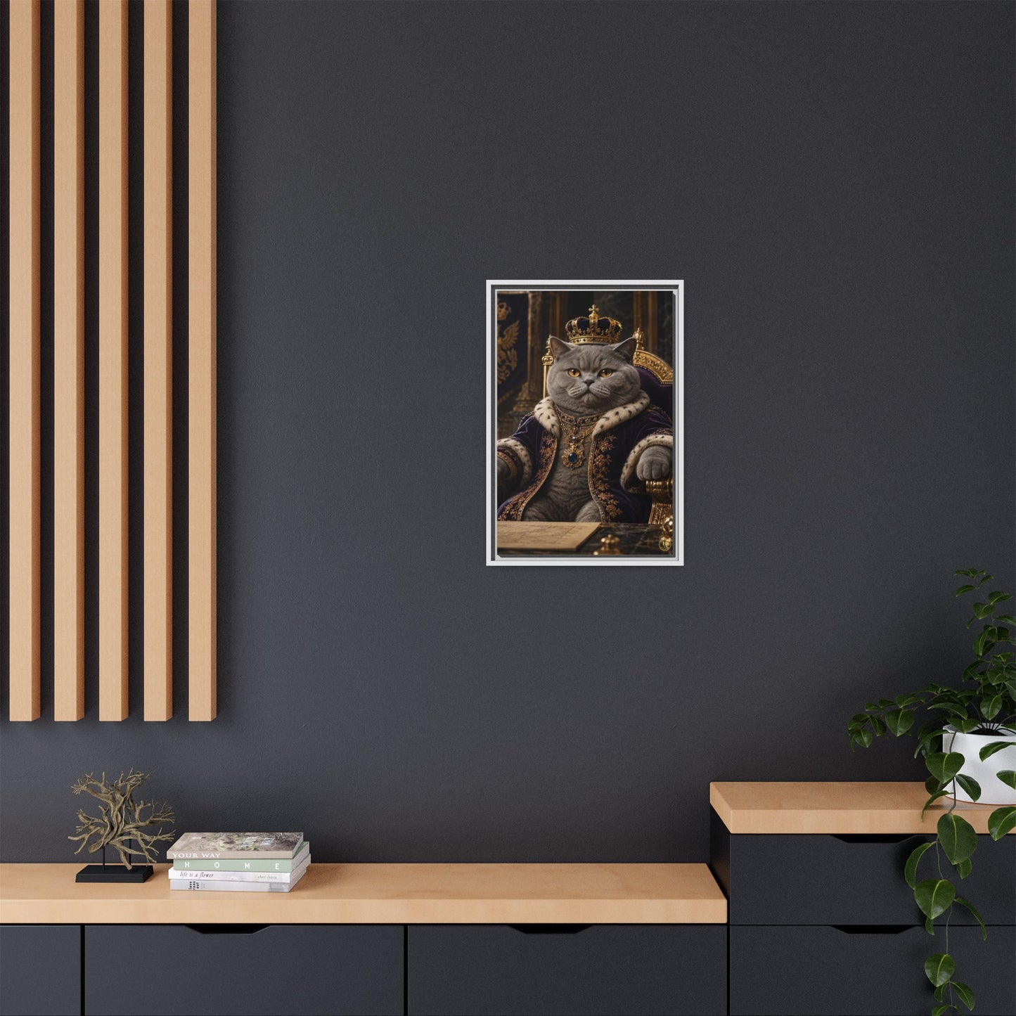 Regal British Shorthair Cat Portrait Framed Canvas — His Royal Whiskers Cat Wall Art  by House of Ace
