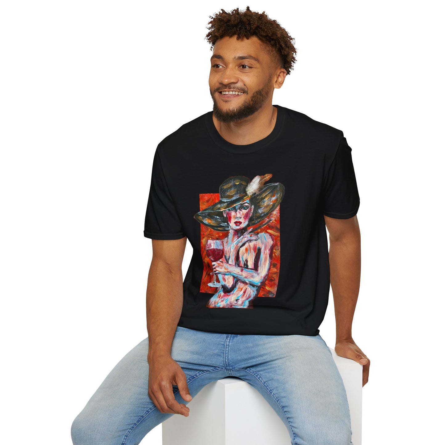 Artistic Woman in Wide-Brim Hat T-Shirt Crimson Elegance – Original Acrylic Art Graphic Tee