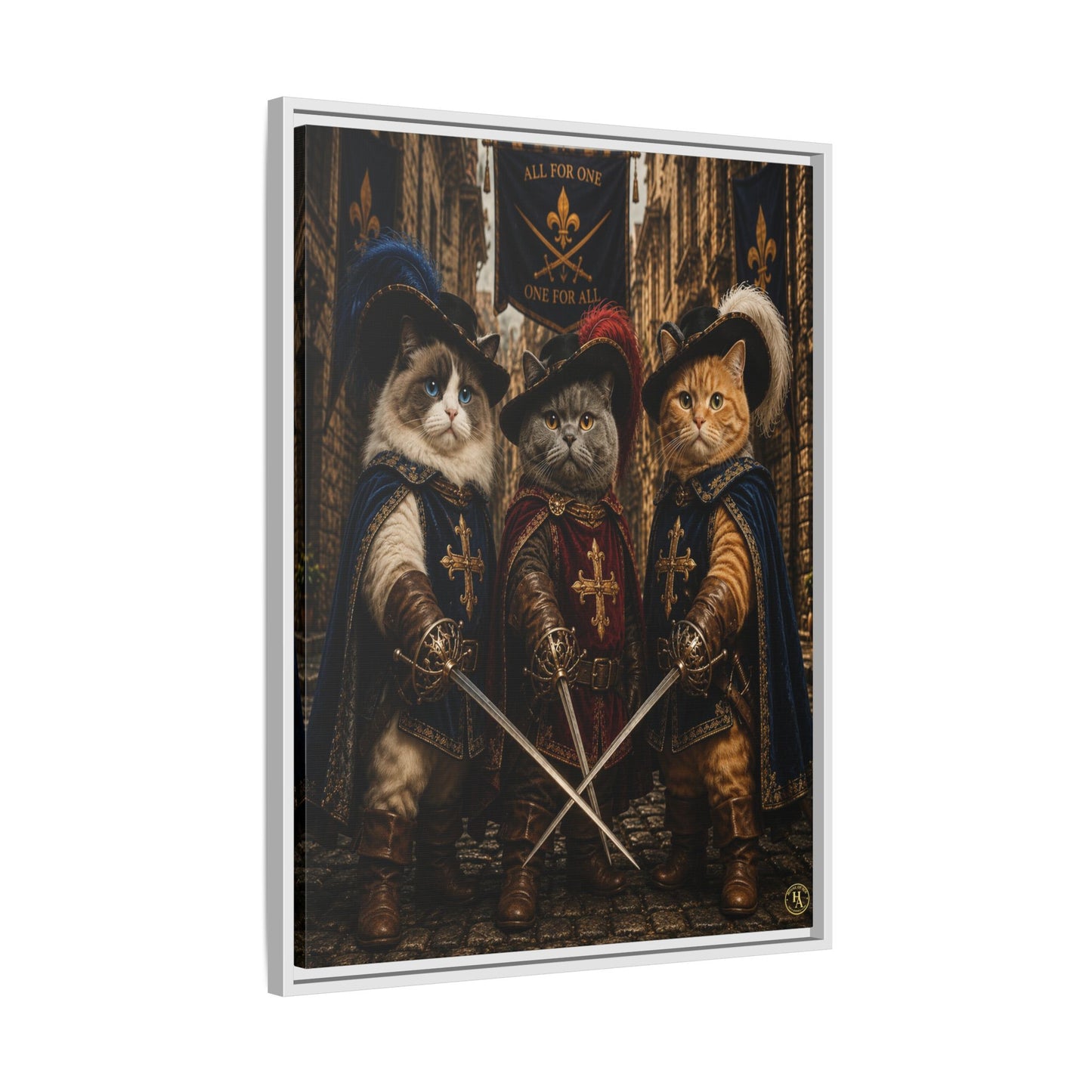 3 Musketeer Cats (The Three Musker Paws) – All for One, One for All Framed Canvas by House of Ace