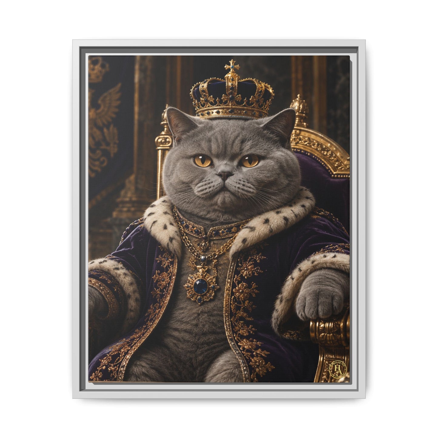 Regal British Shorthair Cat Portrait Framed Canvas — His Royal Whiskers Cat Wall Art  by House of Ace