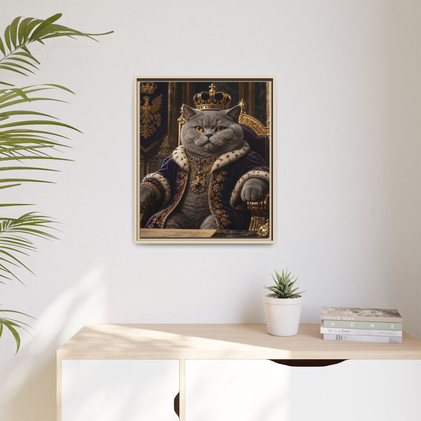 Regal British Shorthair Cat Portrait Framed Canvas — His Royal Whiskers Cat Wall Art  by House of Ace