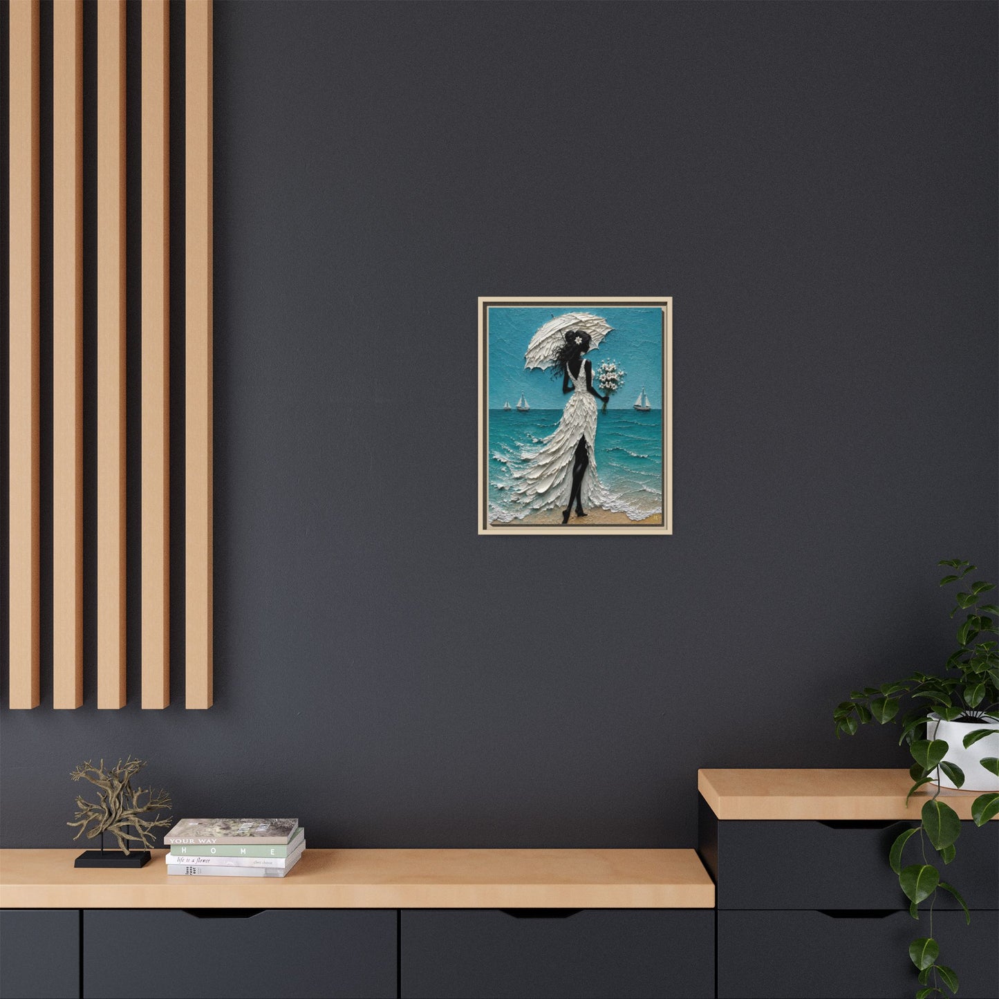 Romantic Beach Lady Framed Canvas Print — Matte Seaside Wall Art