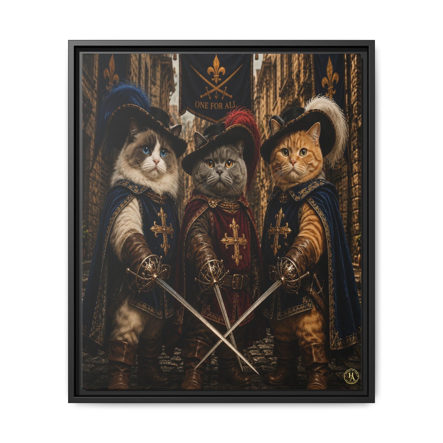 3 Musketeer Cats (The Three Musker Paws) – All for One, One for All Framed Canvas by House of Ace