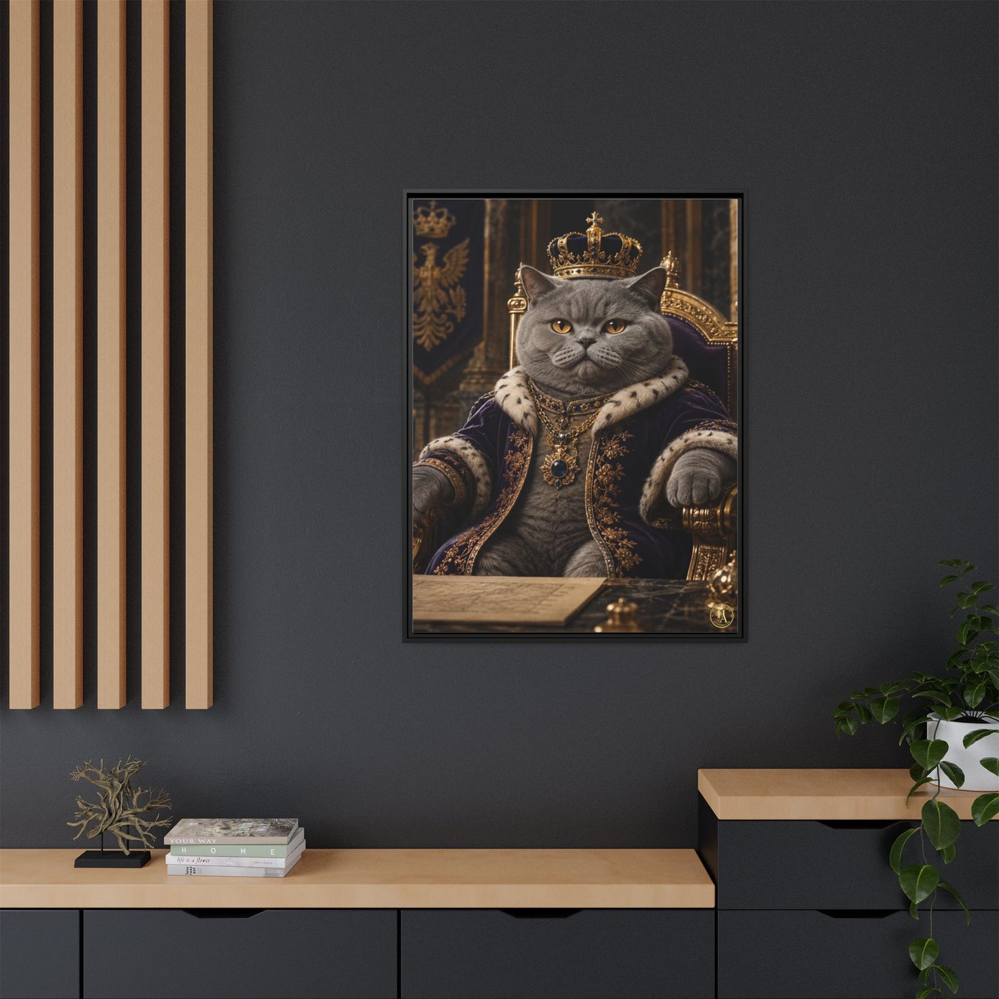 Regal British Shorthair Cat Portrait Framed Canvas — His Royal Whiskers Cat Wall Art  by House of Ace