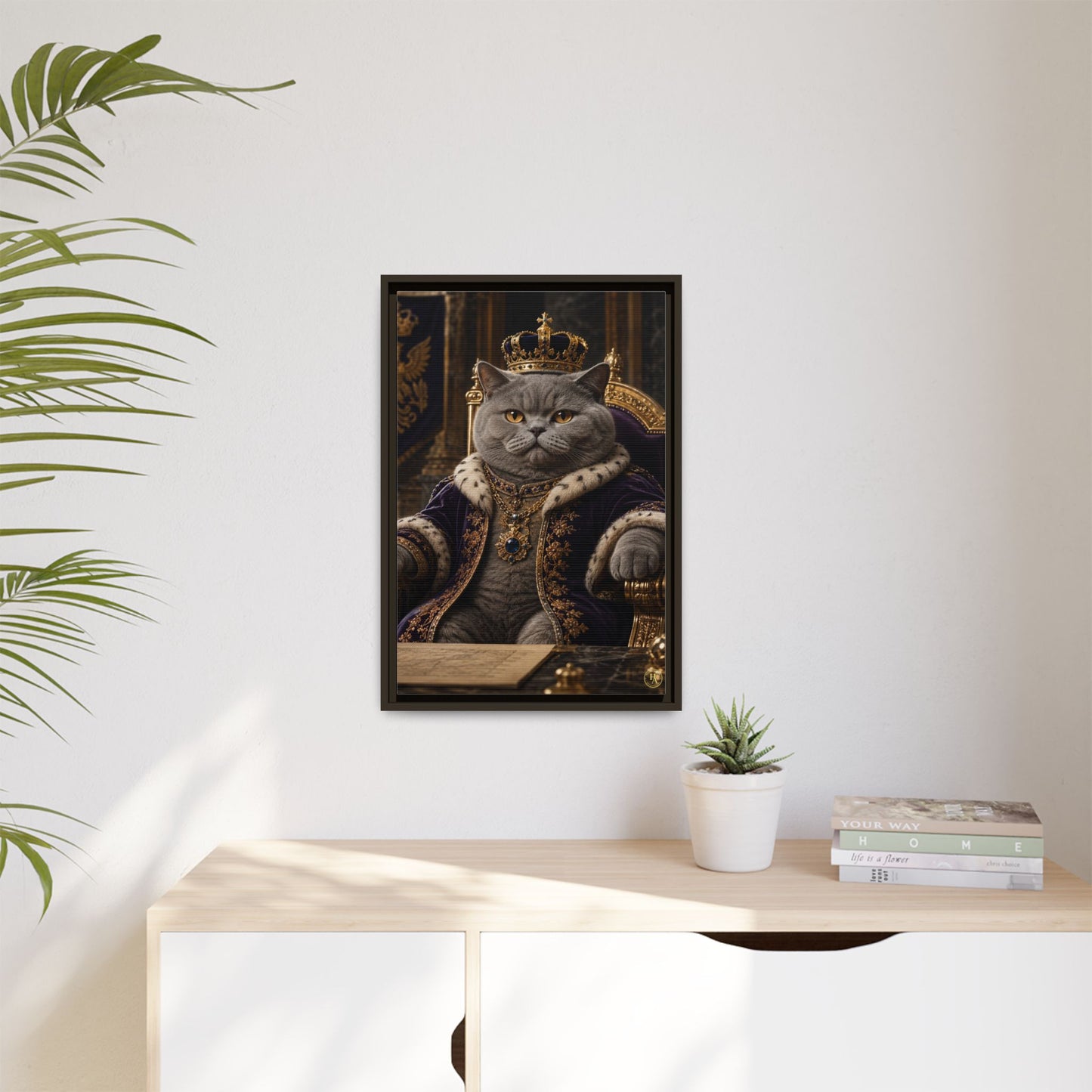 Regal British Shorthair Cat Portrait Framed Canvas — His Royal Whiskers Cat Wall Art  by House of Ace